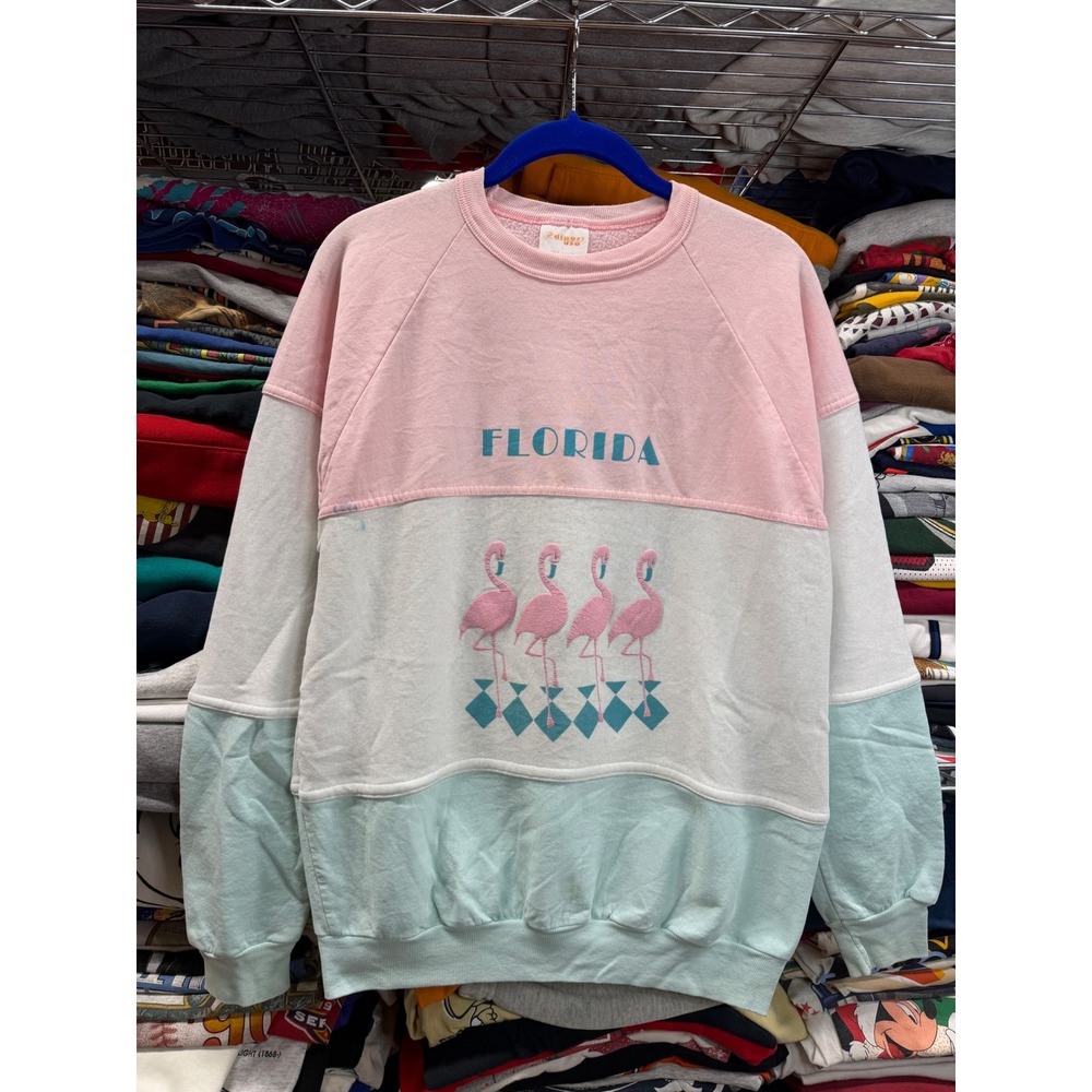 Vintage Diport USA Florida Flamingo Colorblock Sweatshirt Mens Large Pink Mint